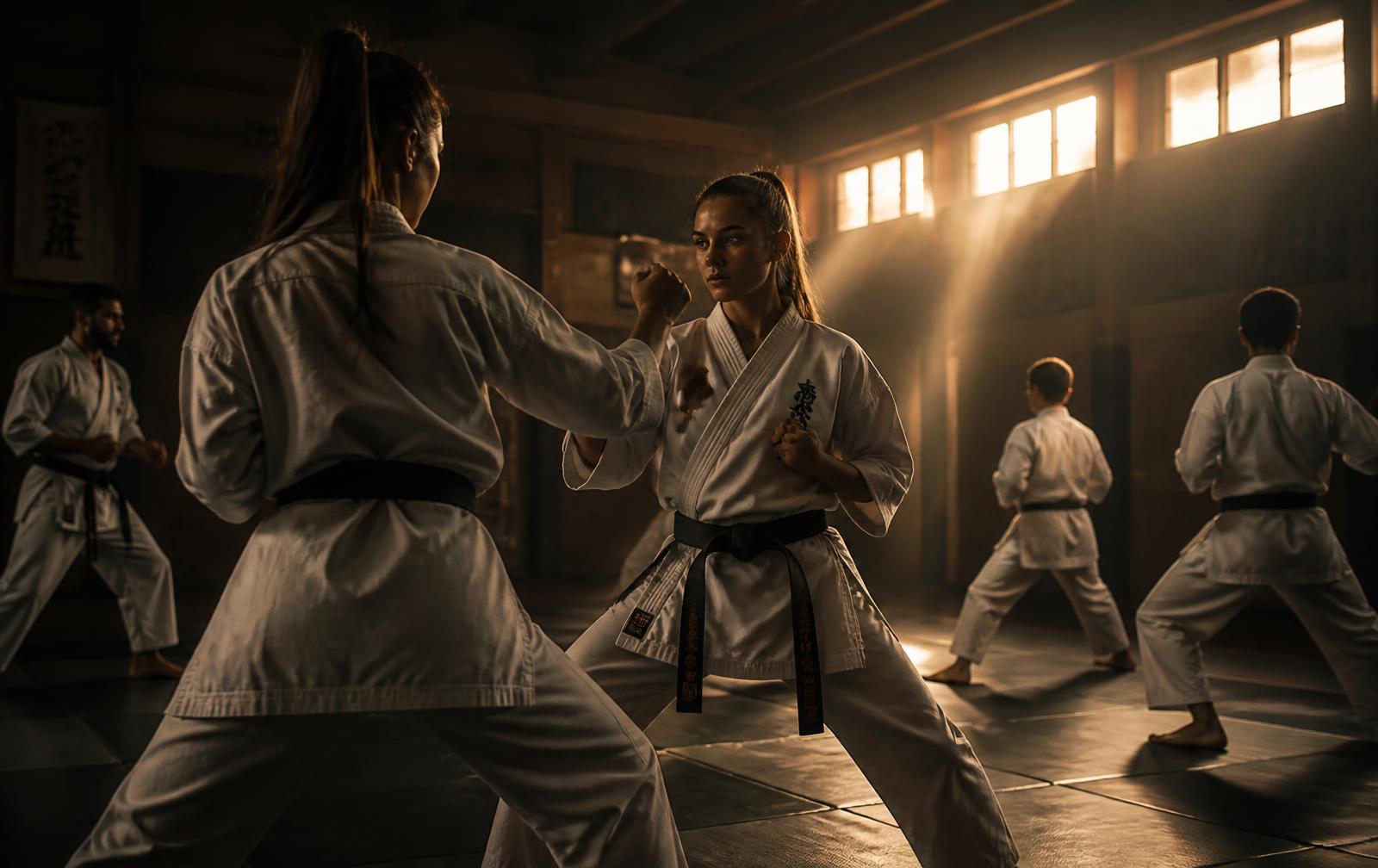 Karate students training in gi at the Prime Time Training dojo in Sydney